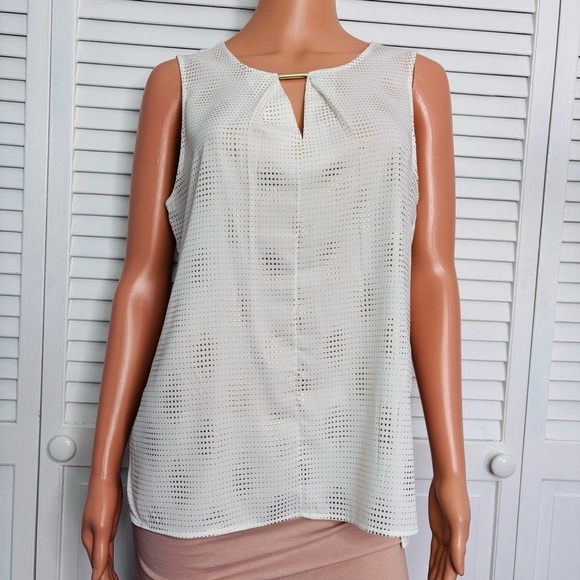 CALVIN KLEIN Off White Gold Studded Sleeveless V-Neck Blouse Size Medium - Picture 1 of 8